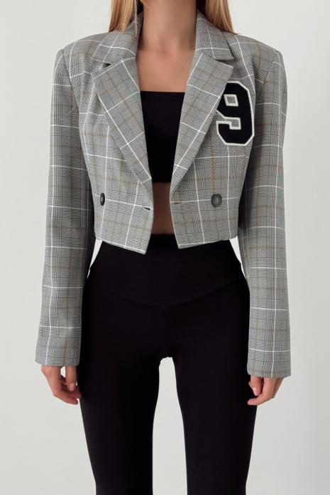 Joey Ekose Crop Blazer Ceket Gri