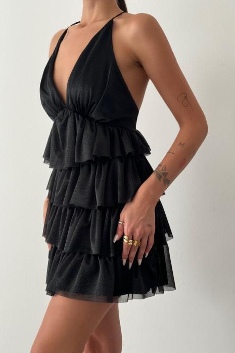 Luisa Sırt Dekolteli Simli Kumaş Tasarım Elbise  Siyah
